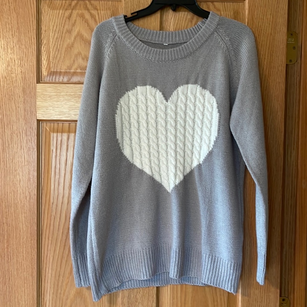 Cogild Gray White Heart Cable Knit Sweater Size L